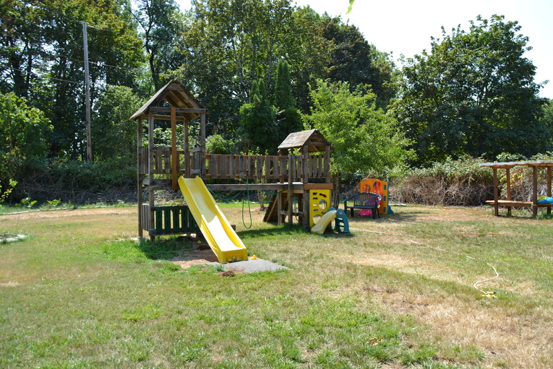 Play structure in picnic area, from Cottage East. Strawberry Arbor.