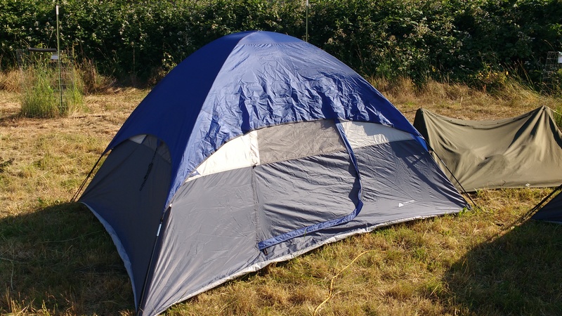 We put up two tents in the South orchard. Then we put a 20'x30' tarp over the top of them.