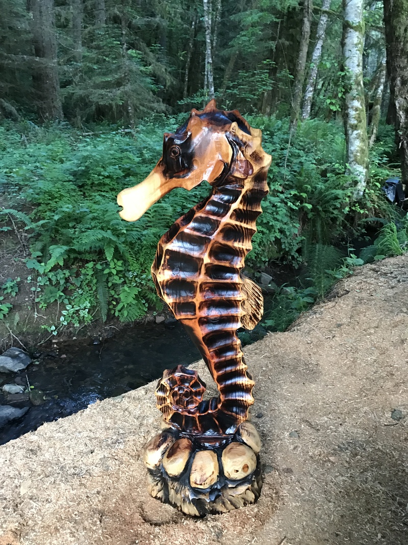 Our tree carved into a seahorse by Jay Peppard.