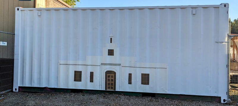Willamette Valley Temple depiction on a Conex box at the construction site.