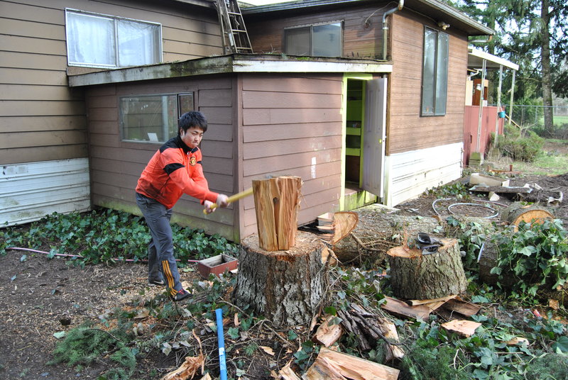 Kai chopping wood. Clubhouse.