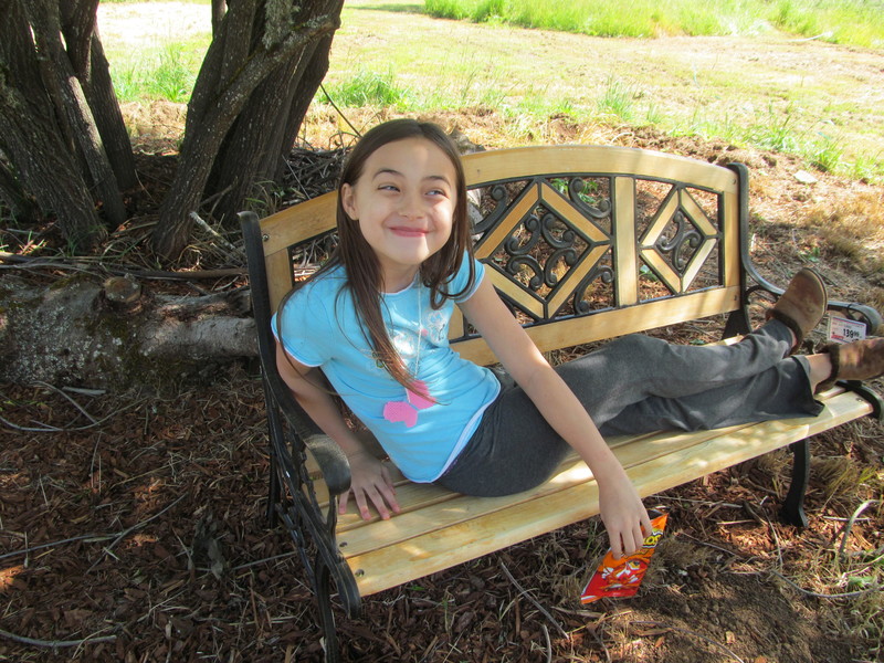Latia tests the Diamond Bench at the Fairy Tree.