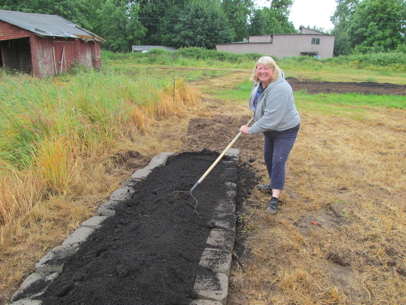 Lois is helping spread the compost into the south herb garden.