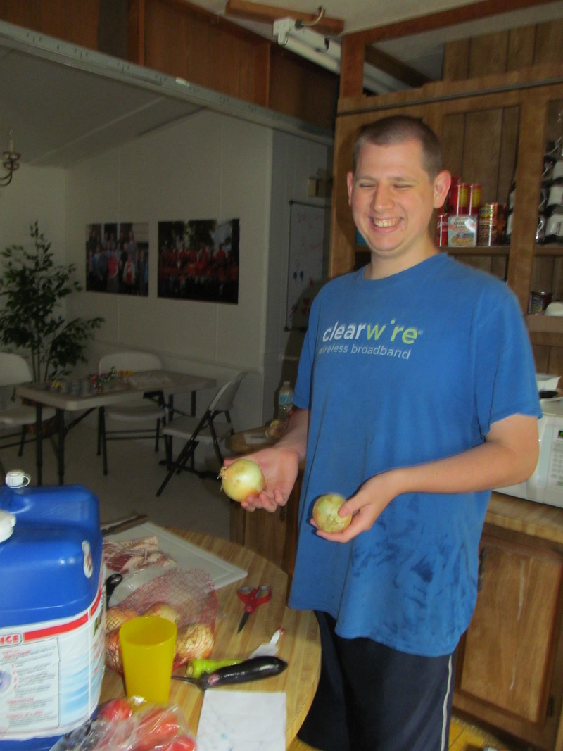 Isaac with onions. Squinty eyes?