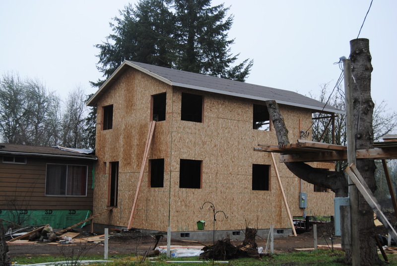 View of the northeast corner of the addition. Roofing felt can be seen. Treehouse can be seen. Power line can be seen.