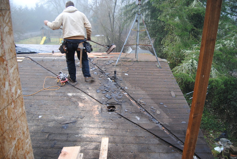 Worker on the north roof of the cottage.