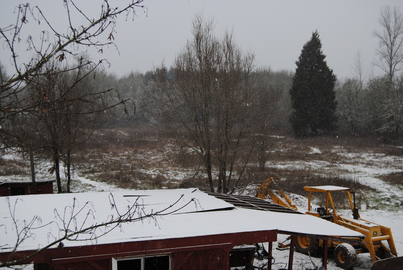 View of the red shed from Lois's Balcony. Snow. Goliath the Backhoe.