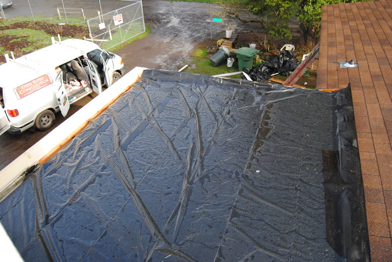 Tarp or membrane on the portico roof.