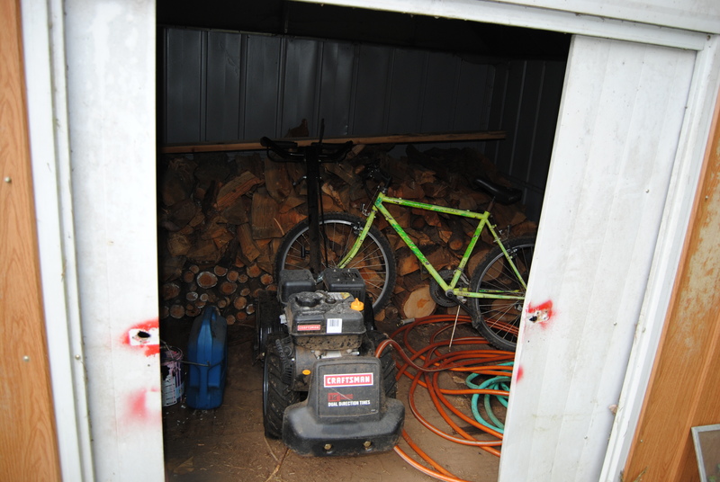 Inside the wood shed.