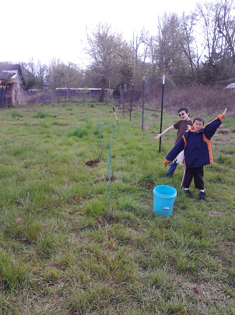 Mikey and Alex next to our newly planted pinot noir grape cuttings.