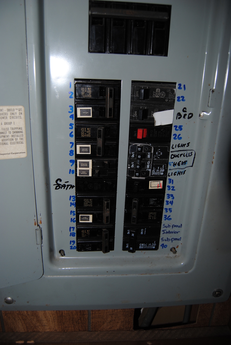 Electric panel in the old cottage, showing the on/off position of the switches.
