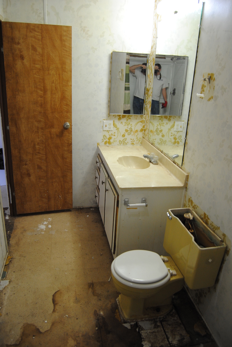 South side of the bathroom before wall panel removal.  Joseph is visible in the mirror.