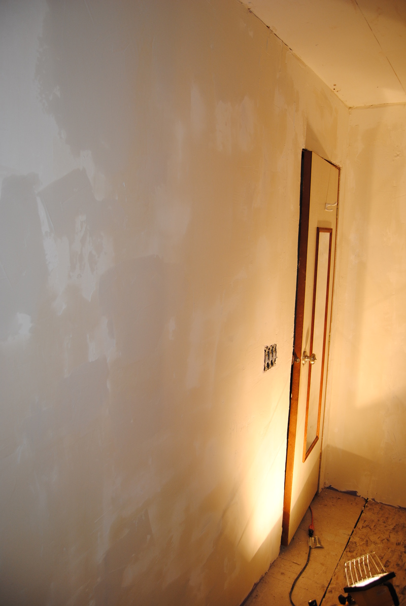 East wall of main bathroom after second coat of mud.