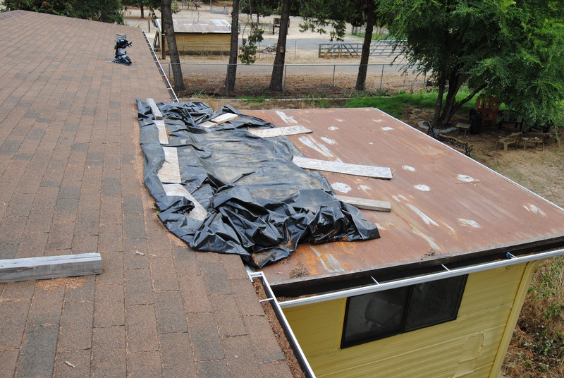 looking east at the roof of the popout with tarp in place.