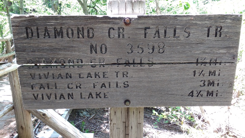 Back up top, we find the trail head to several destinations: Diamond Cr Falls Tr No 3598.
Diamond Cr Falls 1 1/2 Mi.
Vivian Lake Tr. 1 3/4 Mi.
Fall Cr Falls 3 Mi
Vivian Lake 4 3/4 Mi.
