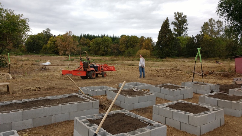 View of the raised bed garden we call the Waffle. Joseph supervises Shannon who is taking her first drive on Goldie.