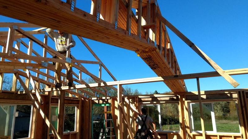 View of the roof trusses going into place.
