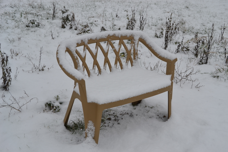 Snow on top of bench.