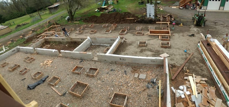 View from the balcony of Lois's Loft, showing the forms for the foundations.