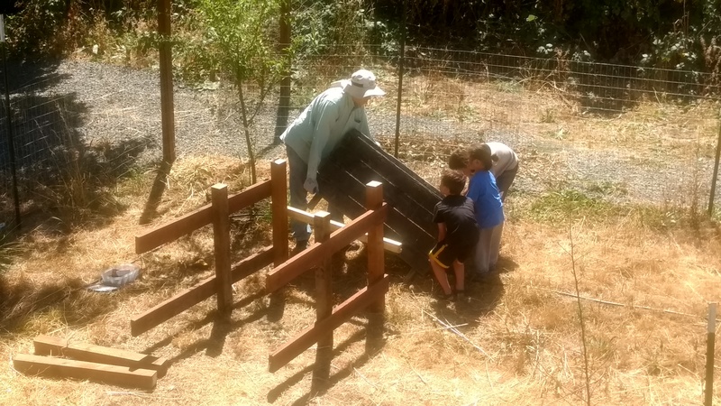 The boys helping Joseph build a chicken hut.