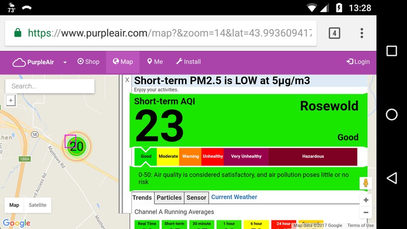 Aug30 Pollution Meter Reading at Rosewold. AQI is 23. Much better two days later.