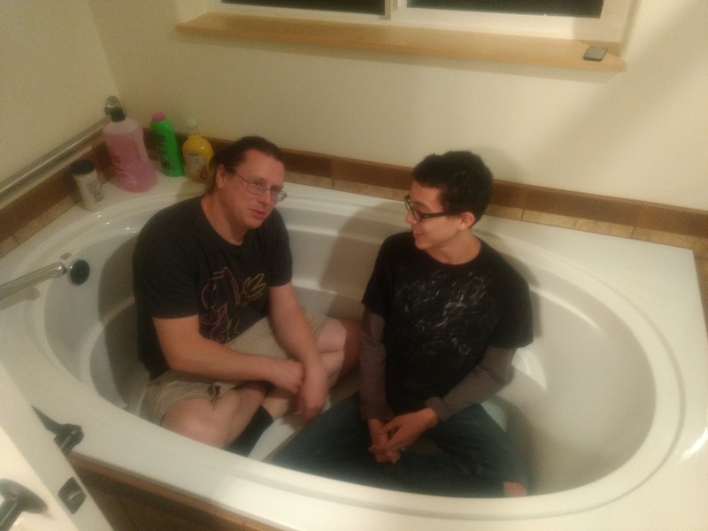 Rub a dub dub, two men in a tub. Ben and Mikey.