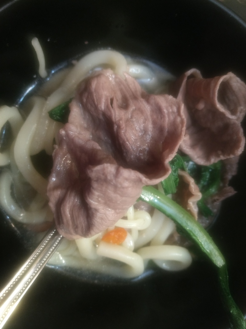 Here is what my bowl looked like with Udon noodles, beef, and greens. I loved the soup part that had juju berries, goji berries, and spices.