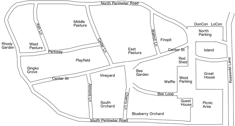 Updated map of Rosewold showing the names of various features.