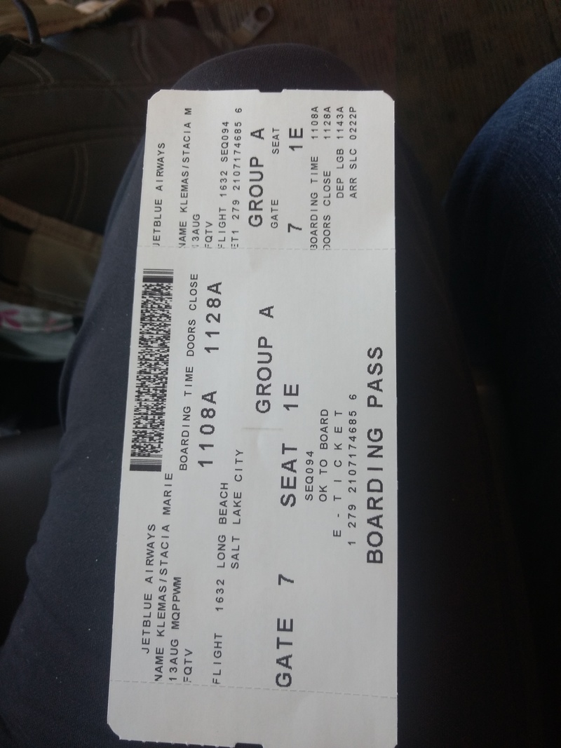 LGB-SLC Lois's Boarding pass for First Class.