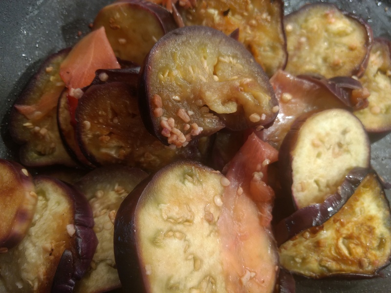 Eggplant with garlic, ginger, and sesame oil and seeds.