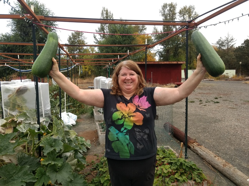 Lois demonstrates her exercise regimen using some of the small zucchini that she grew in the waffle.