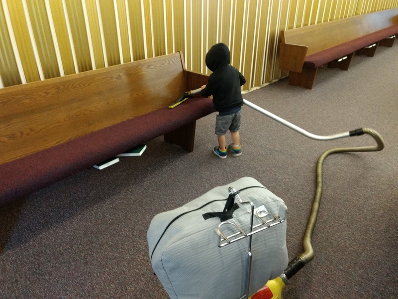 One of our Chapel Cleaning families brought their kids. This little guy ran the vacuum cleaner. He was very intent and actually pretty skillful about the whole thing.