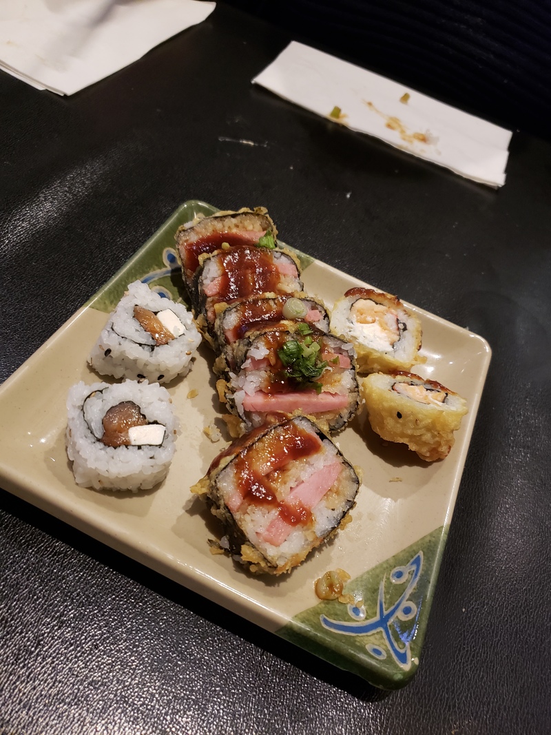 Lois enjoyed sushi in SLC. We forgot to take a picture and here are parts of three rolls. Happy, Spam something, and ...