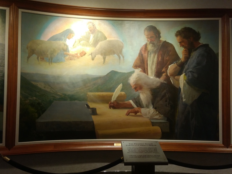 Inside the visitors center in Temple square there are a couple dozen large pieces of a artwork by Harry Anderson. Lois made our Christmas painting based on this one.