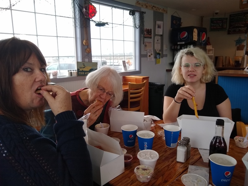 Bandon fish and chips; Vanessa, Linda, Hannah hamming it up with their box lunches.