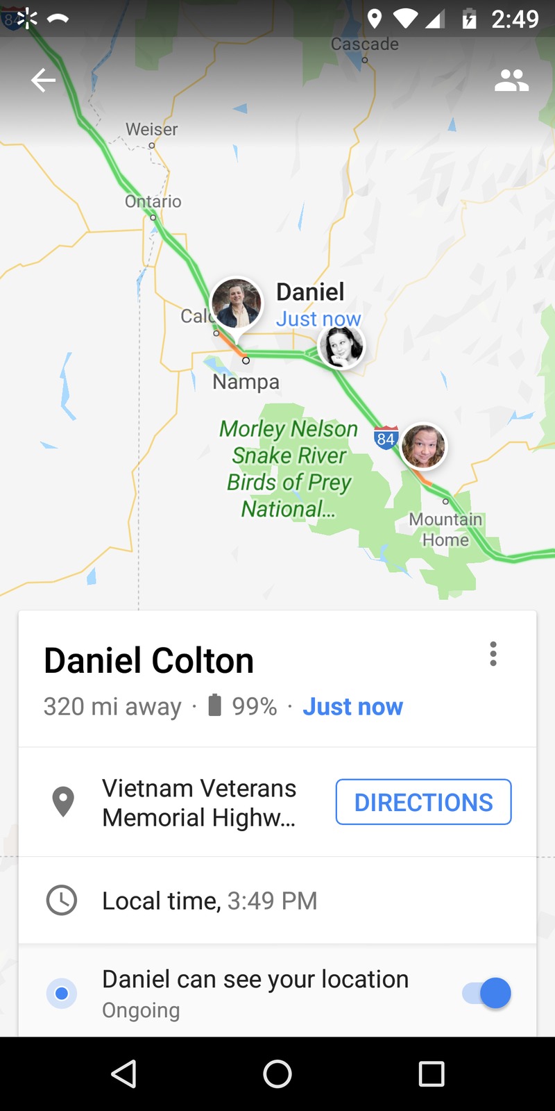 Daniel, Stacia, Larissa, on Location Sharing, driving home from Oregon to Utah.