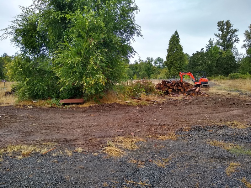 Dirt where the wood piles were before. And the new wood pile. And the Kubota Excavator working on the new basketball pad.