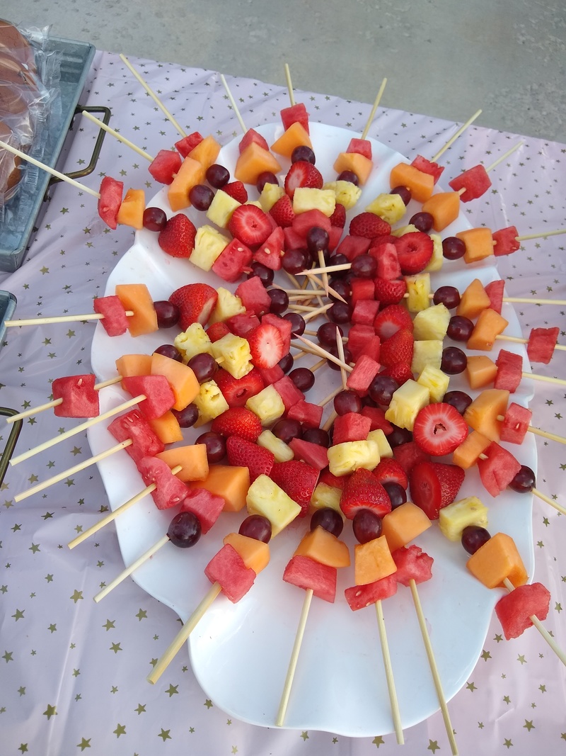 Fruit skewers at Zing Zing's baby shower.