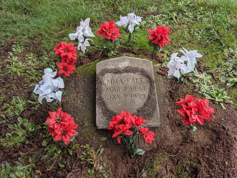 Emma Fales headstone at the Pleasant Hill Cemetery. Lois put flowers on her grave for Christmas.