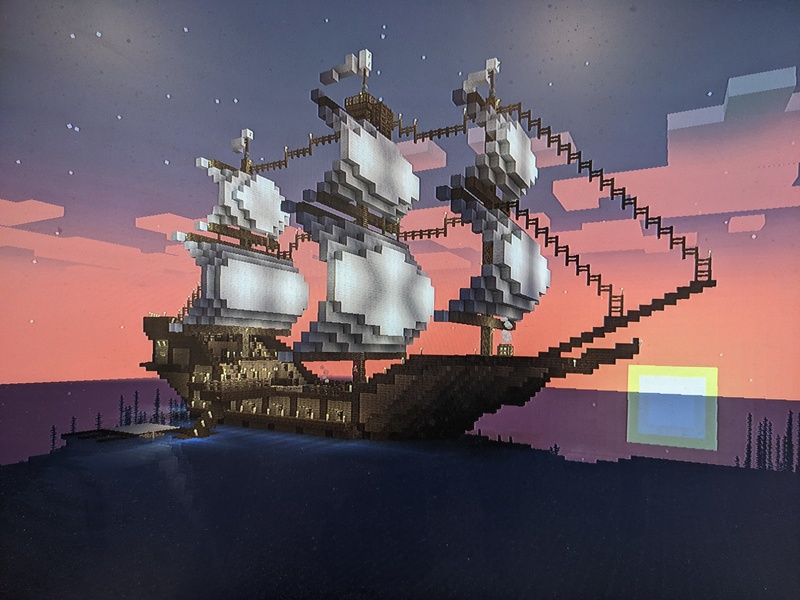 Larissa's Minecraft ship at sunset.