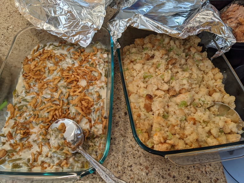 Green bean casserole and Cheddar Bay biscuit stuffing.