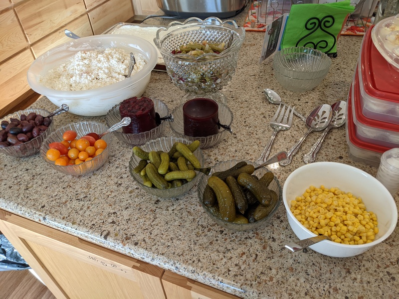 corn, pickles, olives, and cranberry sauces.