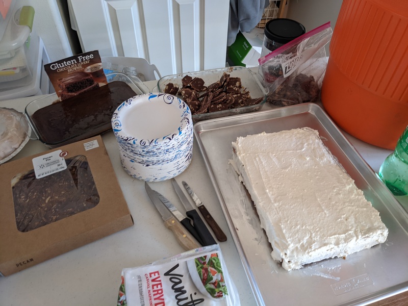 Cindy's chocolate pie, Joseph's pumpkin squares, Isaac's Oreo pie. We also had a cherry pie, coconut Porter, pecan pie, fudge, gluten free brownies, and candy.