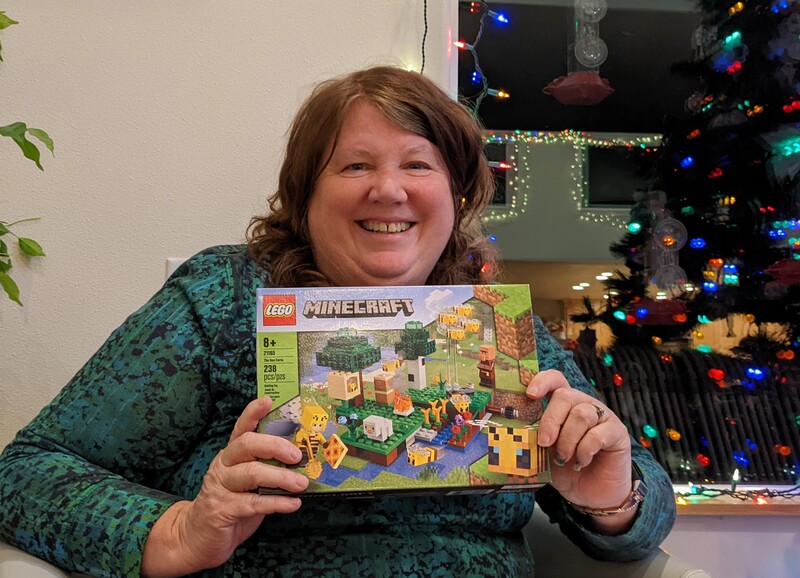 Lois with Lego Minecraft bees.