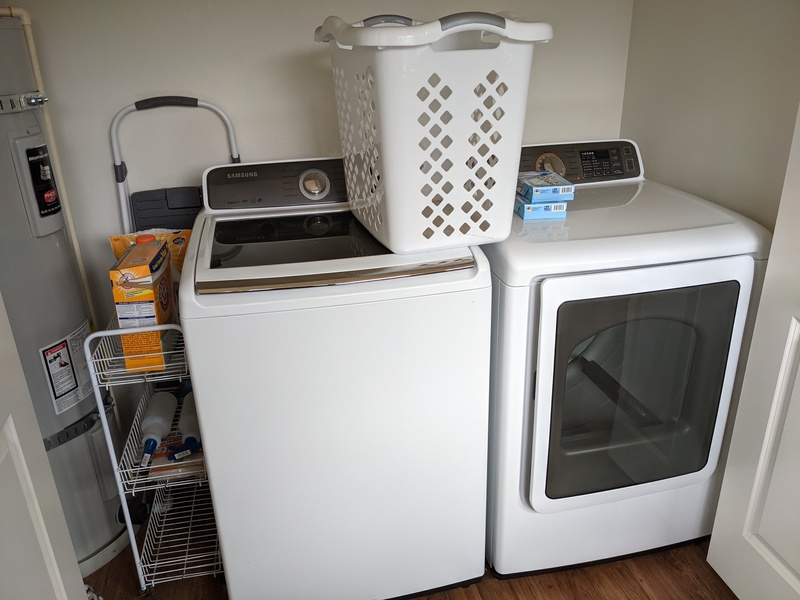 Laundry facilities include this washer and dryer. They are in a separate building from the main house, above the garage.