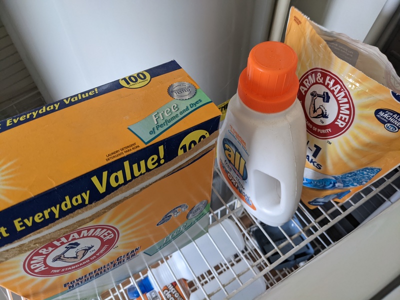 The laundry soaps are shown in this picture. We can also provide bleach but we do not usually leave it out because we want to avoid it being misused by small children.
