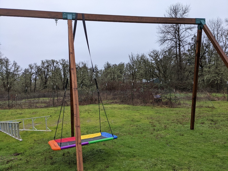 We got wind, and it pushed the platform swing West. We had decided that there straps weren't going to hold very long before they broke. So all in all we ordered more swing hangers.