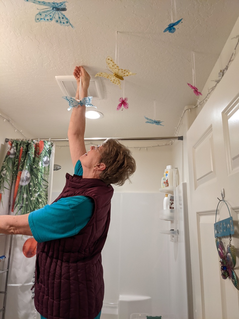 Laura Neilson hanging butterflies back up in bathroom 1.