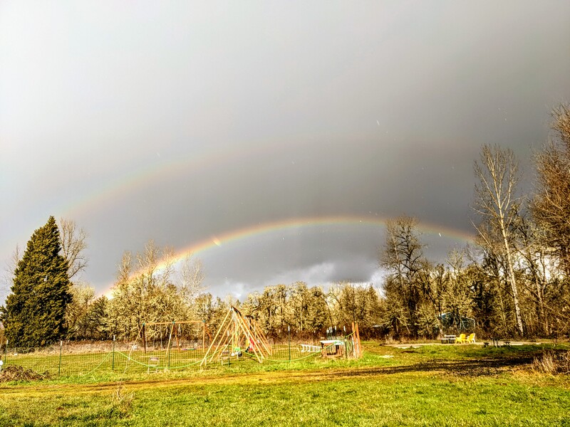 Double Rainbow over Rosewold. Swing sets in the East Pasture.