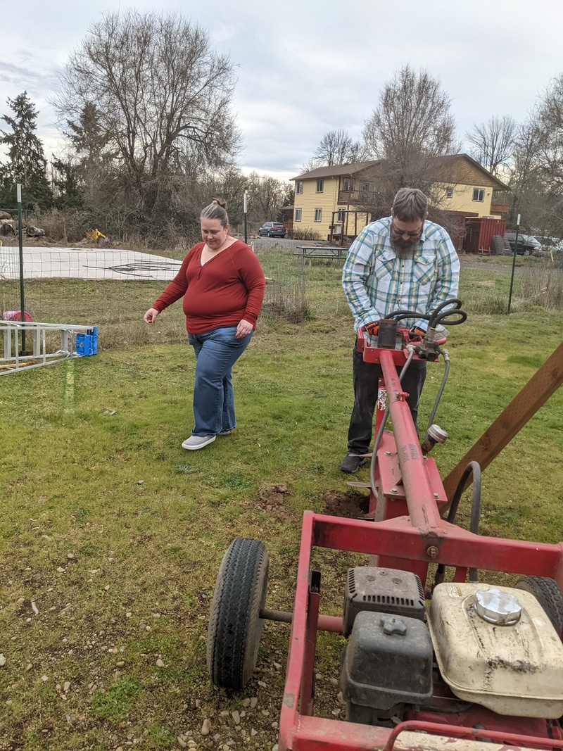 Swing set hole drilling: Jill, Rob.